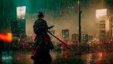Samurai On The Background Of The Night Neon City, Rain. Dark Rainy Streets, Neon Lights In The Dark. Samurai Silhouette, Dark City Streets, Smoke, Smog, Blurred Background. 3D Illustration.
