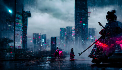 Samurai on the background of the night neon city, rain. Dark rainy streets, neon lights in the dark. Samurai silhouette, dark city streets, smoke, smog, blurred background. 3D illustration.