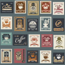 Seamless Pattern On The Theme Of Coffee And Coffee House With Postage Stamps On A Grey Backdrop. Repeating Vector Background In Retro Style. Suitable For Wallpaper, Wrapping Paper, Fabric, Package