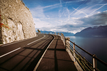 Wall Mural - Lavaux, Switzerland: road with stunning mountain view next to lake Geneva, Canton of Vaud