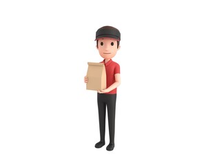 Poster - Fast Food Restaurant Worker character holding paper containers for takeaway food in 3d rendering.