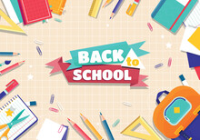 Back To School. Poster Or Banner With Pencils And Briefcase, School Supplies. September 1 And Beginning Of School Year. Discounts, Sales And Special Holiday Offer. Cartoon Flat Vector Illustration