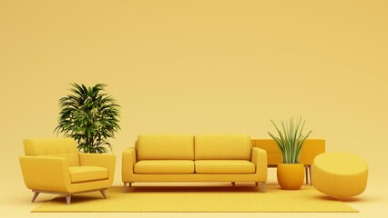 Wall Mural - pastel sofa surrounding by coffee table armchair bed and plant pot minimal concept 3d rendering looped animation