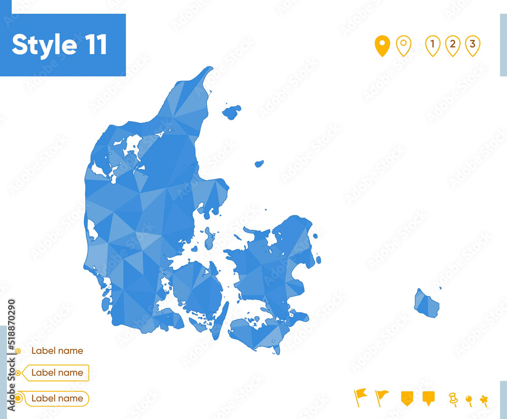 Denmark - blue low poly map, polygonal map. Outline map. Vector ...