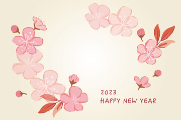 2023 Happy New Year, New year card design template with plum blossoms.