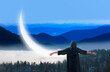Beautiful girl wearing abaya with arms up happy with crescent moon -Beautiful landscape with cascade blue mountains at the morning - View of wilderness mountains during foggy weather