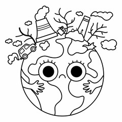 Wall Mural - Vector black and white earth for kids. Earth day line illustration with sad kawaii polluted planet. Environment friendly icon or coloring page with globe and power plant, waste.