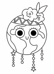 Wall Mural - Vector black and white earth for kids. Earth day line illustration with cute kawaii smiling planet. Environment friendly icon or coloring page with globe and flowers on top.