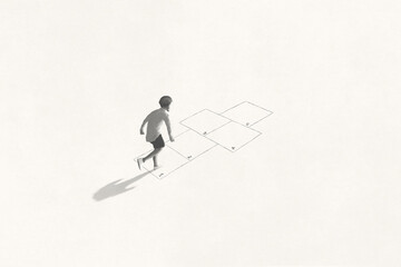 illustration of black and white young boy playing hopscotch, easy challenge concept