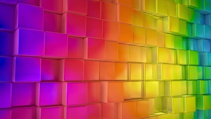 Abstract iridescent colourful metallic cubes background. Rainbow colored cube pattern wall. Vivid multicolored 3D rendering. Colorful projection mapping element moving cubic surface 4k Seamless loop