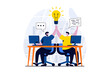 Teamwork concept with people scene in flat cartoon design. Men working together in team at office, cooperation for achievement goals, colleague collaboration. Vector illustration visual story for web