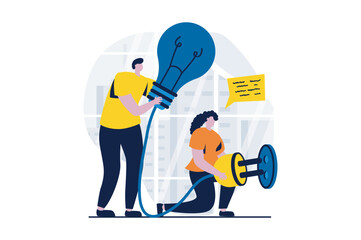 Teamwork concept with people scene in flat cartoon design. Man and woman creating new solving for business improvement, generate energy and working together. Vector illustration visual story for web