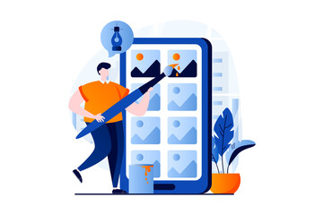 Leinwandbilder - Ui ux design concept with people scene in flat cartoon design. Man illustrator creates elements for user interface, drawing and working with apps layout. Vector illustration visual story for web