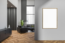 Grey Chill Interior With Couch And Drawer, Panoramic Window. Mockup Frame