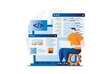 Web Development Concept With People Scene In Flat Cartoon Design. Man Is Programming Computer Languages, Creating, Testing And Optimizing Website At Laptop. Vector Illustration Visual Story For Web