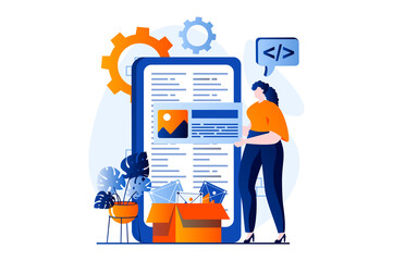 Web development concept with people scene in flat cartoon design. Woman creating and programming website layout, testing and optimizing for mobile phone. Vector illustration visual story for web