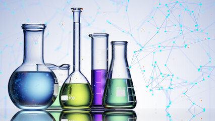 Wall Mural - glass chemistry lab equipment on blue background. chemistry lab concept. 3d