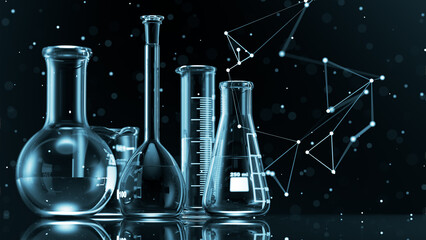 Wall Mural - glass chemistry lab equipment on black background. chemistry lab concept. 3d