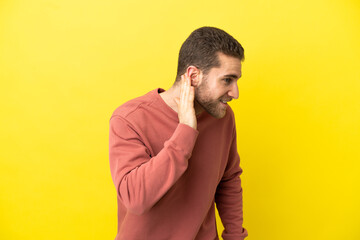 Wall Mural - Handsome blonde man over isolated yellow background listening to something by putting hand on the ear