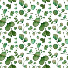 Watercolor seamless pattern with eucalyptus leaves and branches 