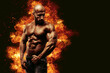 © ZaStock - Brutal strong athletic Bodybuilder posing. Fire and spark explosion in the background.