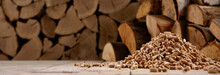 Woodpile And Stack Of Pellets In Wooden House