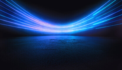 abstract light blue lines on black background illuminate textured ground. dynamic curves and blues p