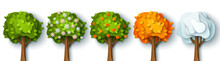 Four Seasons Tree Isolated On White Background, Spring With Flowers, Green Summer, Yellow Autumn, Snow Winter. Vector Illustration. Paper Cut Cartoon Style, Nature And Environment Eco Concept