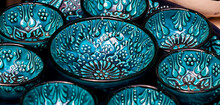 Classical Traditional Turkish Ceramics, Handmade Colorful Bowls At The Istanbul Grand Bazaar. Istanbul, Turkey Souvenirs. Selected Focus