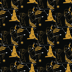 Wall Mural - Seamless pattern with a silhouette of a girl. Pattern with girl, stars, sun, constellation. Mystical.