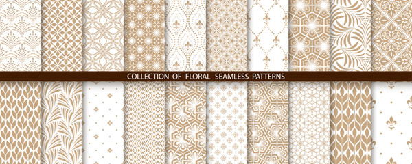 Geometric floral set of seamless patterns. White and gold vector backgrounds. Simple illustrations