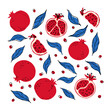 Set of red pomegranates, half pomegranate and blue leaf. Hand drawn pomegranates and leaves isolated on white background. Fabric, drawing labels, print, wallpaper of children's room, fruit isolated