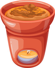 Bagna Cauda, Italian Food Vector Illustration. Cartoon Isolated Bowl With Candle For Making Hot Dish And Gourmet Dipping Sauce From Garlic And Anchovy Ingredients In Traditional Cuisine Of Italy