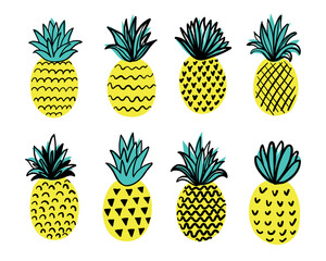 Wall Mural - Tropical set with doodle yellow pineapples. Hand drawn pineapples isolated on white background. for fabric, drawing labels, print, wallpaper of children's room, fruit background