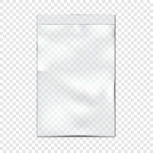 Clear Vinyl Zipper Pouch On Transparent Background Vector Mock-up. Blank Empty Plastic Bag With Zip Lock Mockup