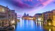 Venice italy grand canal view, venice skyline at sunrise colored sky time lapse gondolas church cathedral.