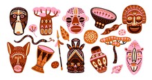 African Elements. Ethnic Totem Faces. Traditional Masks And Drums. Decorative Items. Aborigine Vases Or Baobab Tree. Patterned Ceramics And Tribe Weapons. Classy Vector Indians Set