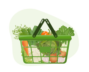 Wall Mural - Grocery shopping basket with fresh green vegetables and root crops, savoy cabbage, bok choy, onion and garlic from local farm market. Healthy vegan food set. Vector illustration