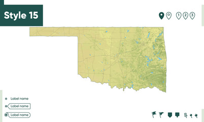 Wall Mural - Oklahoma, USA - map with shaded relief, land cover, rivers, lakes, mountains. Biome map.