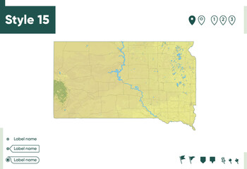 Naklejka na meble South Dakota, USA - map with shaded relief, land cover, rivers, lakes, mountains. Biome map.