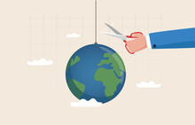 World Economic Crisis. A Giant Hand Uses Scissors To Cut The Rope That Hangs The Globe.