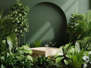 Wall Mural - Wooden cube podium in tropical forest for product presentation and green background.