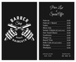 © Viktoriia - Vector Illustration business card price list and special offer for barber shop. Pricelist for barber shop with label opening hours and reservation on black background. Printable template