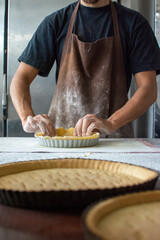 Preparing a macadamia pie with toffee. Kneading and baking of a cake. Pastry and pastry.