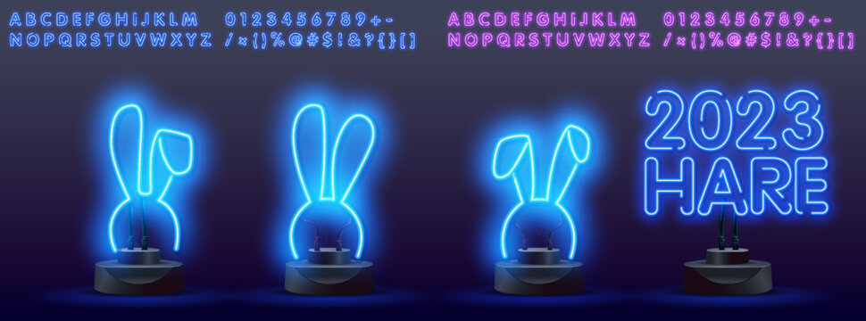 Happy new year 2023 in neon style. Set of bunny in simple one line style. Bunny icon on a color spot. 2023 year of the rabbit in neon style. Christmas vector illustration.