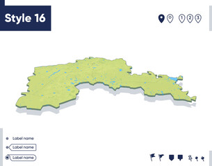 North Kazakhstan, Kazakhstan - map with shaded relief, land cover, rivers, mountains. Biome map with shadow.