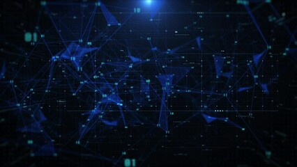 Leinwandbilder - Futuristic Technology Background Design. Plexus Digital Blue Color Dots, Line, Triangle, Binary Number Data Flowing Connection Structure on HUD System. Abstract 3D 4K Motion Loop.