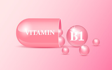 Capsule vitamin B1 structure pink and white with circular bubbles flowing out. Beauty concept. Personal care. 3D Vector Illustration. transparent capsule pill. Drug business concept.