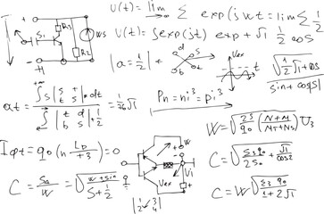 radio engineering schemes. electronic formulas and expressions. scientific and educational background. hand-drawn. vector..