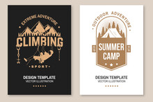 Set Of Camping Inspirational Quotes. Vector. Concept For Flyer, Brochure, Banner, Poster. Vintage Typography Design With Camper Tent, Climber, Carabiners, Climbing Cams, Hexes And Mountain Silhouette.